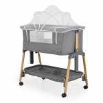 Patut Co-Sleeper Cangaroo Adoro Grey 90x53 cm cu laterala culisanta, Saltea si Plasa de insecte incluse, Spatiu depozitare, 7 nivele de reglare a inaltimii, Roti cu frana