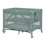 Patut pliabil, Lionelo, Laura, 102 x 74 cm, Cu doua nivele, Functie de tarc, Cu roti, Include salteluta si geanta de transport, Pereti din plasa, Deschidere laterala, Pana la 15 kg, 0 luni +, Verde