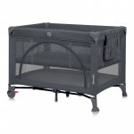 Patut pliabil, Lionelo, Laura, 102 x 74 cm, Cu doua nivele, Functie de tarc, Cu roti, Include salteluta si geanta de transport, Pereti din plasa, Deschidere laterala, Pana la 15 kg, 0 luni +, Gri
