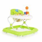 Premergator pliabil pentru copii Moni Eko Green cu inaltime sezut reglabil,spatar inalt si confortabil,panou cu jucarii,roti pivotante si protectii cauciucate siguranta praguri