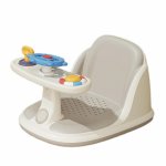 Scaunel de baie pentru copii Little Mom Cream Sailor, ghidon de sustinere echipat cu jucarii sonore, design ergonomic cu spatar, husa detasabila din cauciuc, fixare cu ventuze, dimensiune 20 x 39 x 23.5 cm