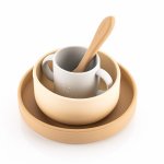 Set 4 piese vesela din silicon pentru copii, fara BPA, lavabile in masina de spalat vase Bej