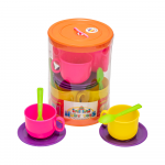 Set de ceai pentru copii Huby Toys Multicolor cu cescute, farfurioare si lingurite in cutie cilindrica transparenta
