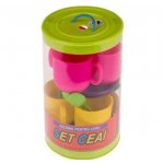 Set de ceai pentru copii Huby Toys Multicolor cu cescute, farfurioare si lingurite in cutie cilindrica transparenta