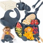 Set diversificare hrana bebelusi, Ikonka, cu 9 elemente din silicon, flexibile fara BPA, Dark Blue Squirrel