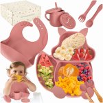 Set diversificare hrana bebelusi, Ikonka, cu 9 elemente din silicon, flexibile fara BPA, Dark Pink Squirrel