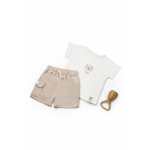 Set tricou cu pantaloni scurti pentru bebelusi, BabyCosy TeddyBear, 100% bumbac organic, ecru, marime 9-12 luni