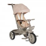 Tricicleta pentru copii Byox Fusion Beige,Maner parental reglabil pe inaltime,Scaun rotativ la 360 grade,Spatar reglabil cu pozitie somn,Ghidon pliabil,Roti din PU,Frana,Husa moale,2 tipuri de suport picioare,Bara detasabila