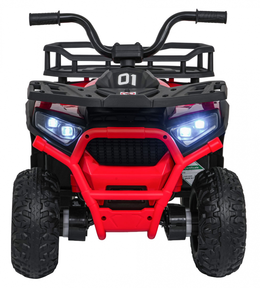 Atv electric pentru copii Robust Red, 4 motoare de 35W, baterie de 12V7Ah, telecomanda 2.4G cu 3 viteze, roti spuma EVA, scaun piele ecologica, port USB, MP3, radio FM, Bluetooth, Lumini LED, pedala acceleratie
