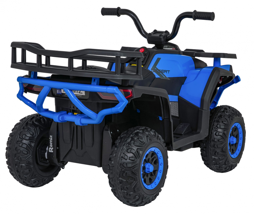 Atv electric pentru copii Robust Blue, 4 motoare de 35W, baterie de 12V7Ah, telecomanda 2.4G cu 3 viteze, roti spuma EVA, scaun piele ecologica, port USB, MP3, radio FM, Bluetooth, Lumini LED, pedala acceleratie - 2