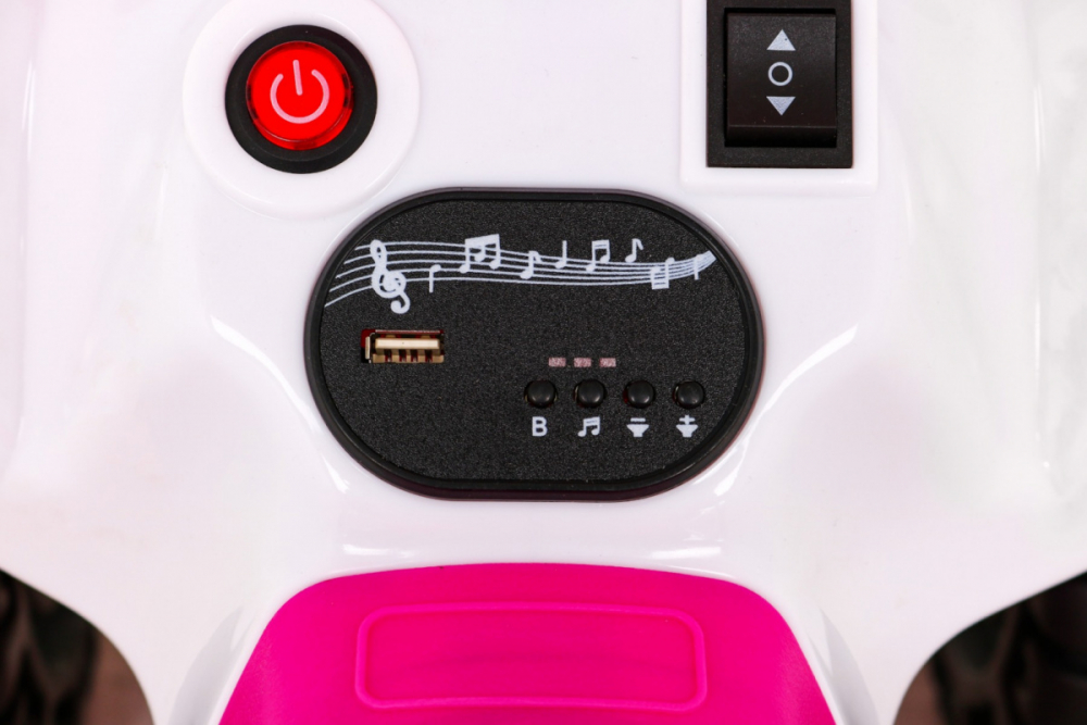 Atv electric pentru copii Storm Pink, cu un motor de 25W, baterie de 6V4.5A, sezut ergonomic, pornire la buton, include melodii preincarcate si sunetul pornirii motorului, cu suport picioare si roti robuste din plastic