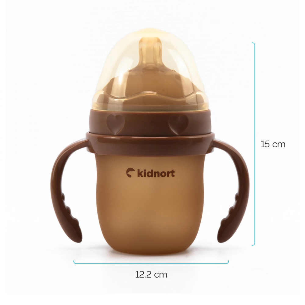 Biberon anti-colici pentru bebelusi 0-3 luni, Kindnort Eple, sterilizabil, cu pai moale din silicon si biluta gravitationala incorporata, maner ergonomic detasabil, capacitate 150 ml, Brown