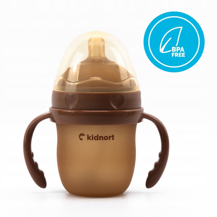 Biberon anti-colici pentru bebelusi 0-3 luni, Kindnort Eple, sterilizabil, cu pai moale din silicon si biluta gravitationala incorporata, maner ergonomic detasabil, capacitate 150 ml, Brown - 1 | YEO