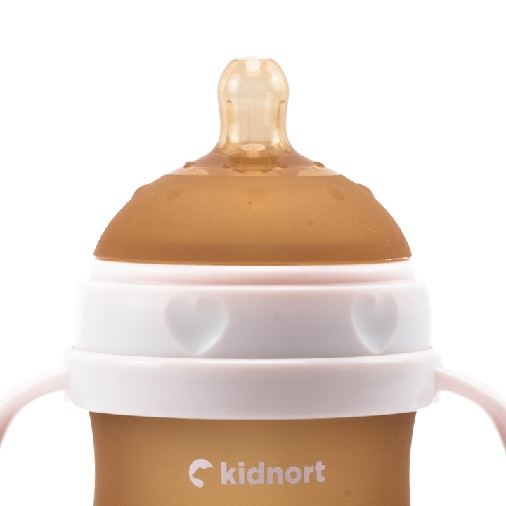 Biberon anti-colici pentru bebelusi 0-3 luni, Kindnort Eple, sterilizabil, cu pai moale din silicon si biluta gravitationala incorporata, maner ergonomic detasabil, capacitate 150 ml, Pink - 1 | YEO