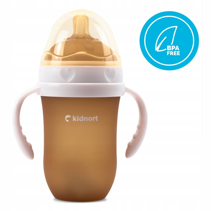 Biberon anti-colici pentru bebelusi de la 6 luni Kindnort Eple, nivel de debit 5, cu pai moale din silicon si biluta gravitationala incorporata, maner ergonomic detasabil, capacitate 250 ml, BeigePink