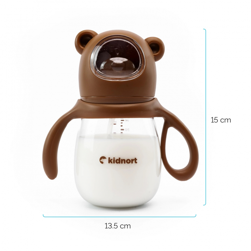 Biberon cu tetina anti-colici, debit variabil, Kidnort Jordbaer Brown, 240ml, de la 6 luni, echipat cu Pai cu bila gravitationala si maner ergonomic detasabil