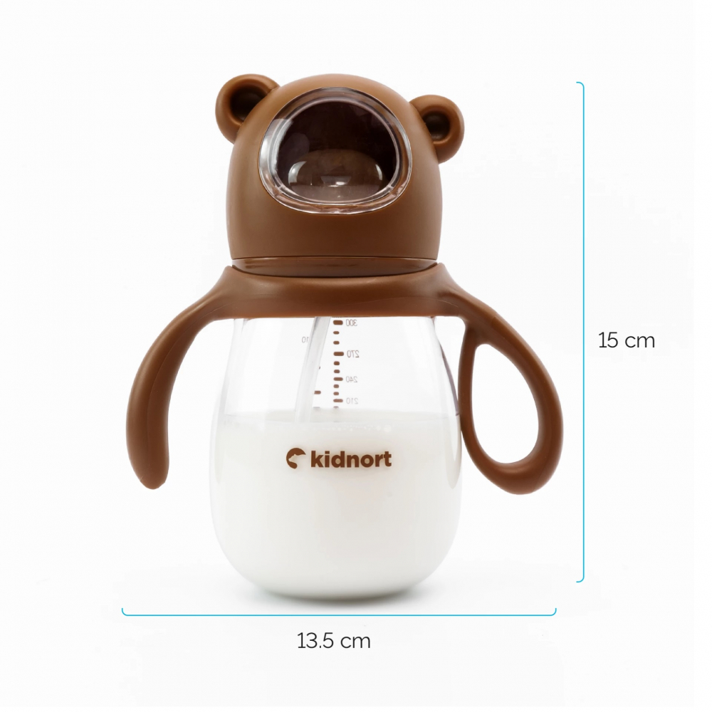 Biberon cu tetina anti-colici, debit variabil, Kidnort Jordbaer Brown, 300 ml, de la 6 luni, echipat cu Pai cu bila gravitationala si maner ergonomic detasabil