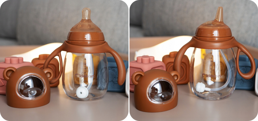 Biberon cu tetina anti-colici, debit variabil, Kidnort Jordbaer Brown, 300 ml, de la 6 luni, echipat cu Pai cu bila gravitationala si maner ergonomic detasabil - 1 | YEO