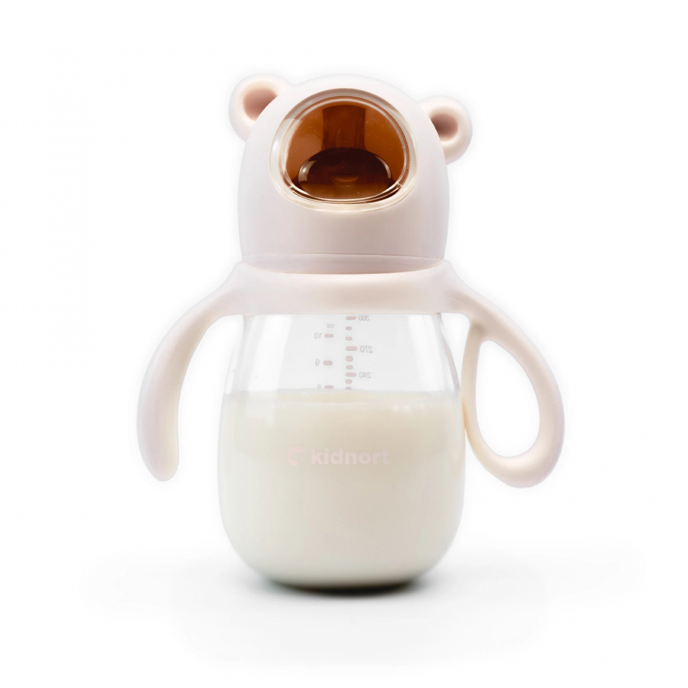 Biberon cu tetina anti-colici, debit variabil, Kidnort Jordbaer Pink, 300 ml, de la 6 luni, echipat cu Pai cu bila gravitationala si maner ergonomic detasabil