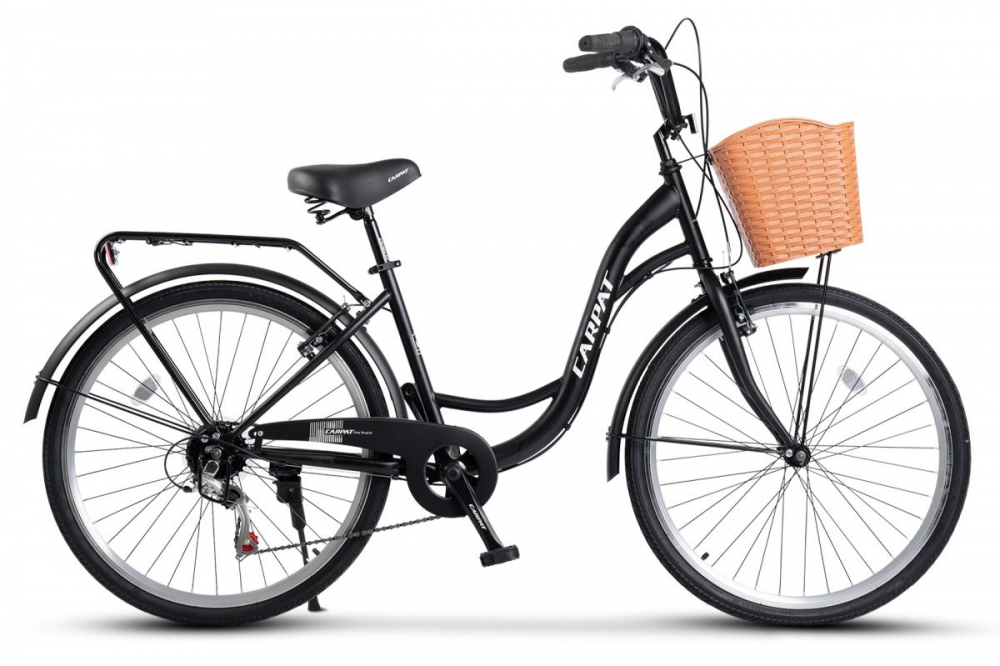 Bicicleta City Carpat C26263A NegruAlb, roti 26 inch, 7 viteze, inaltime utilizator 150-165 cm, greutate suportata 120 kg