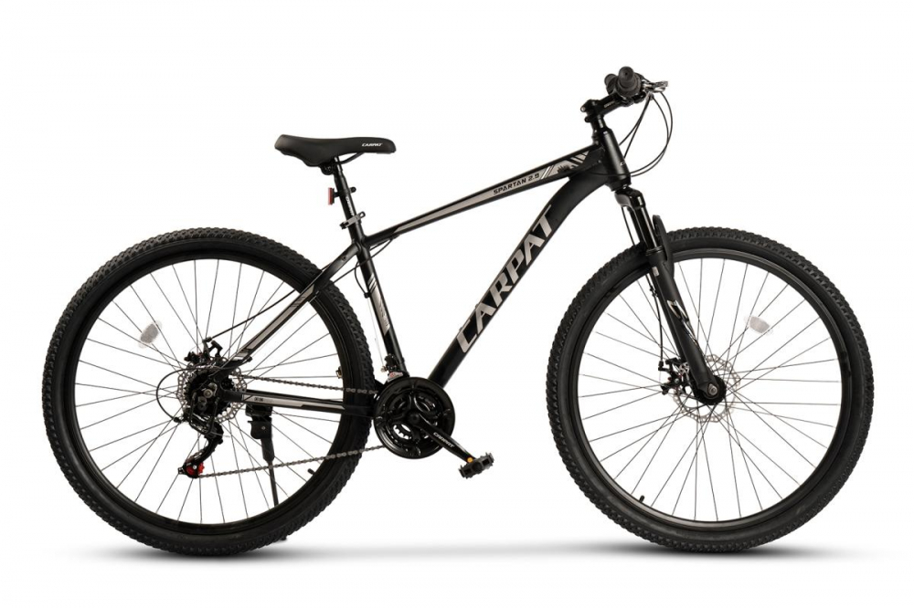 Bicicleta MTB Carpat Spartan C2999G NegruGri, roti 29 inch, cadru aluminiu, 21 viteze, echipare Shimano, frane disc mecanice, manete rotative