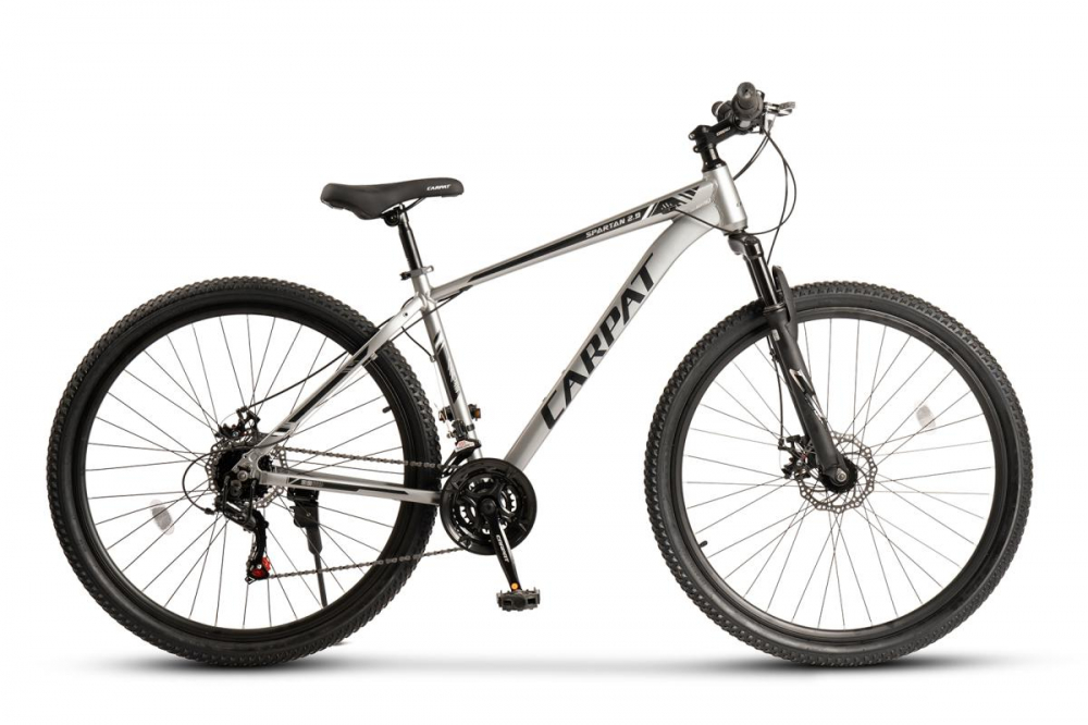 Bicicleta MTB Carpat Spartan C2999G GriNegru, roti 29 inch, cadru aluminiu, 21 viteze, echipare Shimano, frane disc mecanice, manete rotative