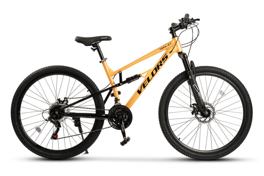 Bicicleta MTB-Full Suspension Velors Trail 2.7 V27271D PortocaliuNegru, roti 27,5 inch, greutate suportata 120 Kg, inaltime utilizator 160-175 cm