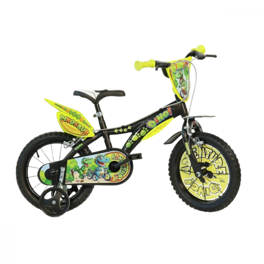Bicicleta pentru copii Dino Bikes Aventurile dinozaurului, roti 14 inch, inaltime utilizator 95-115 cm, greutate suportata 50 kg