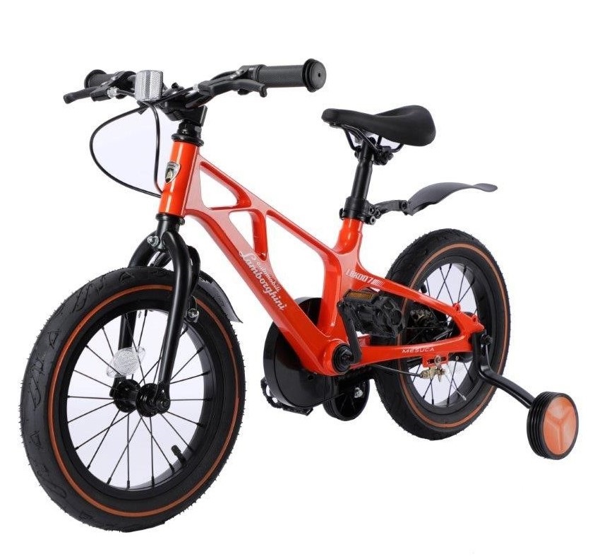 Bicicleta copii Lamborghini cadru magneziu portocalie 14 inch,scaun reglabil de la 50 la 55 cm, potrivita pentru copii cu inaltimi intre 95-120 cm, frane pe ghidon, pedale antiderapabile