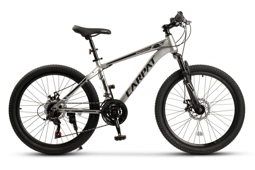 Bicicleta pentru copii MTB-HT Carpat Spartan C2499G GriNegru, roti 24 inch, aluminiu, 21 viteze, echipare Shimano, frane disc