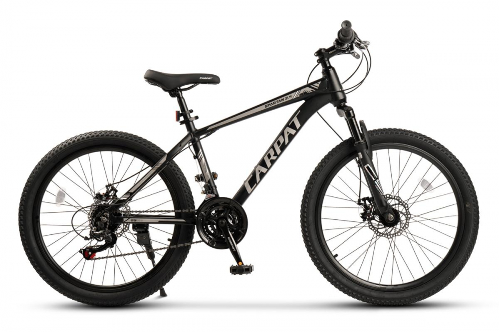 Bicicleta pentru copii MTB-HT Carpat Spartan C2499G NegruGri, roti 24 inch, aluminiu, 21 viteze, echipare Shimano, frane disc