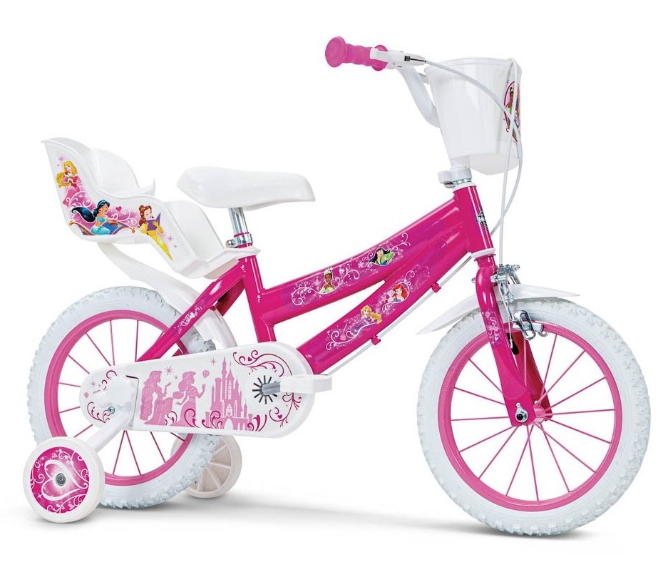 Bicicleta copii Huffy Disney Princess 14 inch, roti ajutatoare si cosulet, pentru copii cu varsta intre 3 si 6 ani sau cu inaltimea pana la 110 cm, frana de mana pe ambele roti, anvelope cu profil gros, scaun reglabil