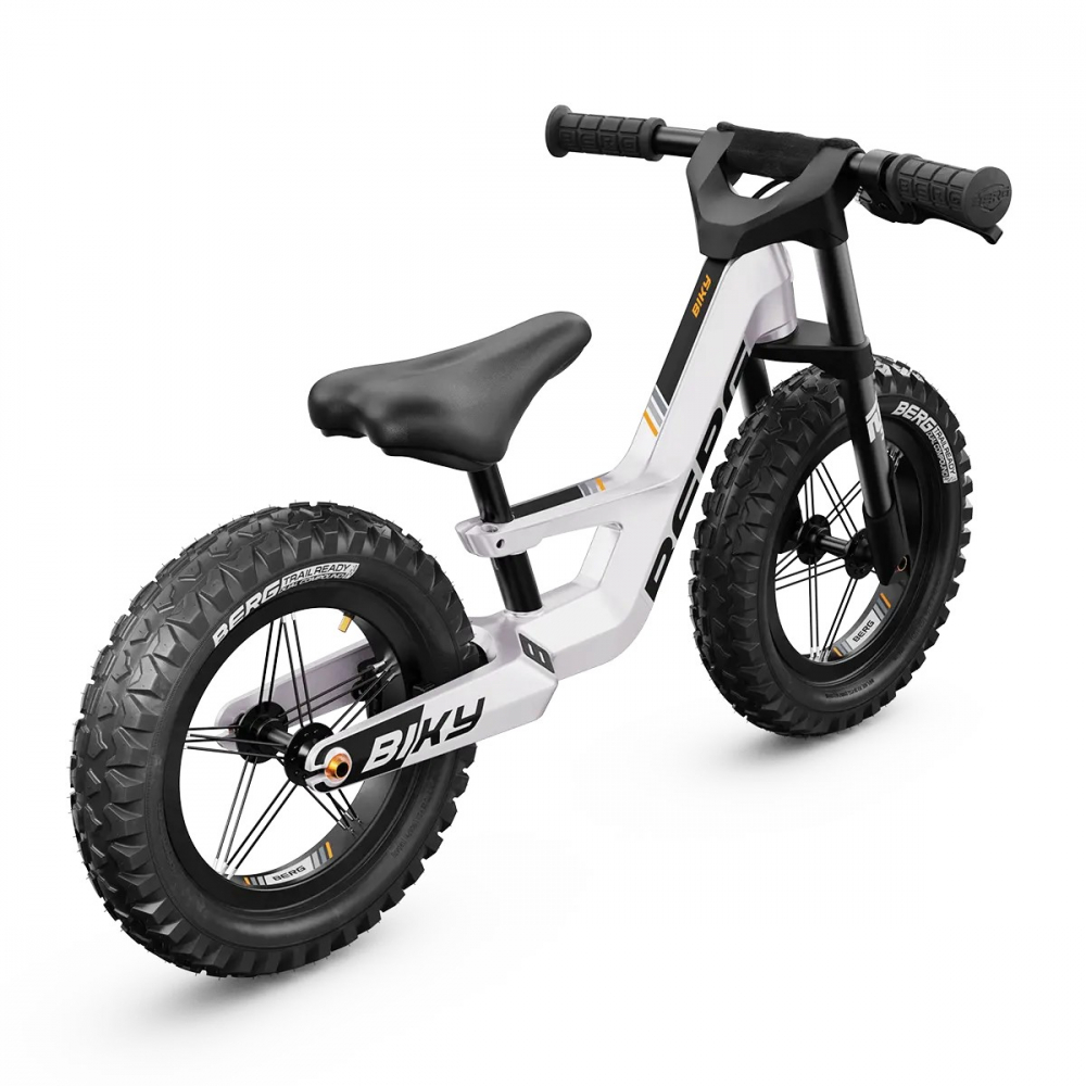 Bicicleta copii fara pedale Berg Biky Cross White 12 inch, cu frana de mana, anvelope pneumatice, scaun reglabil pe inaltime, varsta 2,5-5 ani, inaltime utilizator 90-120 cm, greutate maxima utilizator 30 kg - 2