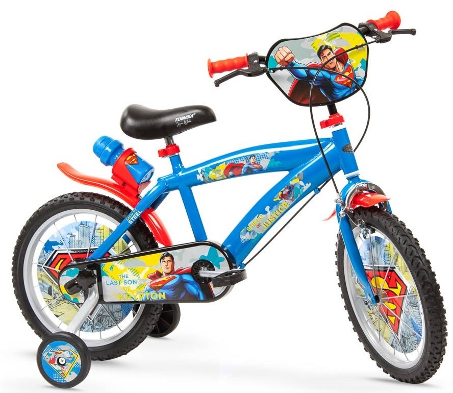 Bicicleta copii Toimsa Superman 16 inch, cu roti ajutatoare si sticluta de apa cu suport,de la 5 ani, inaltimea recomandata intre 110-120 cm, scaun si ghidon reglabile pe inaltime