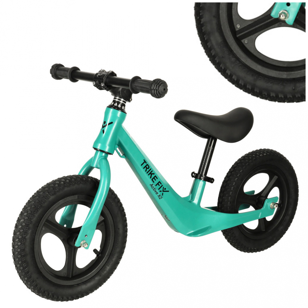 Bicicleta de echilibru pentru copii, Ikonka, Trike Fix Active X Green 12 inch, cu cadrul jos, din otel, saua reglabila, Sarcina maxima 25 kg