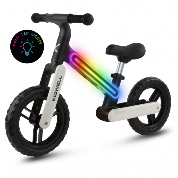 Bicicleta fara pedale, cadru nailon cu LED, roti EVA, Kidwell Suno Alb-Negru