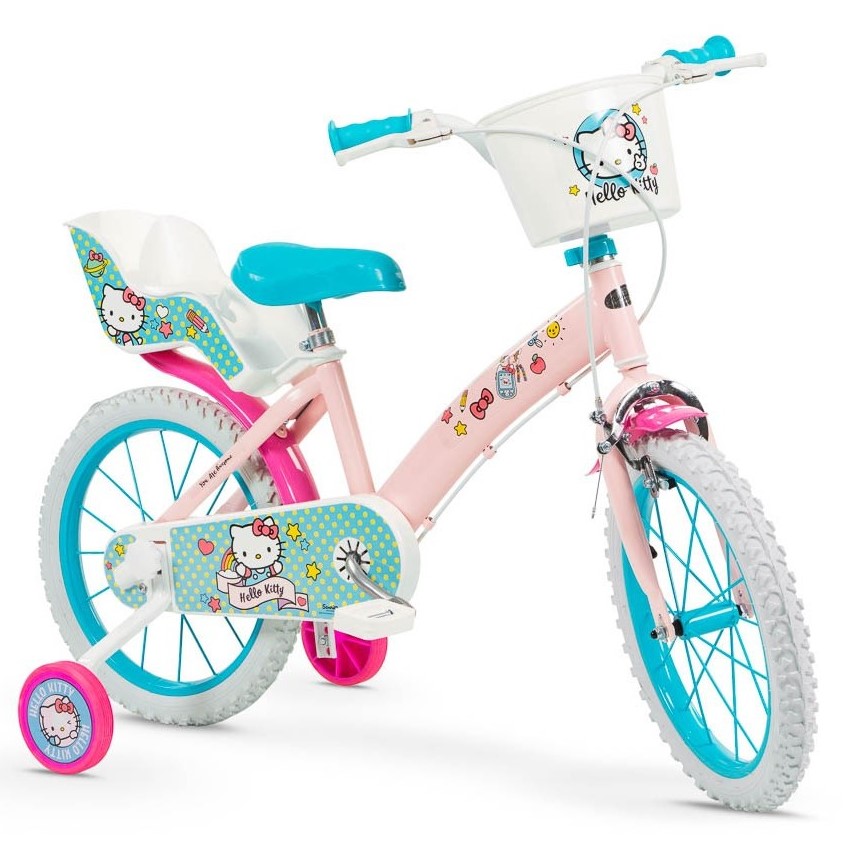 Bicicleta fetite Toimsa Hello Kitty 16 inch, cu roti ajutatoare si cosulet, de la 5 ani, inaltimea recomandata 110-120 cm, cos frontal si scaun pentru papusa, frana de mana pe ambele roti