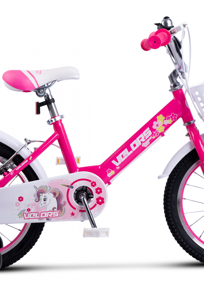 Bicicleta pentru copii Velors V1602A Fucsia, varsta 4-6 ani, roti 16 inch, greutate suportata 60 kg, inaltime utilizator 100-115 cm