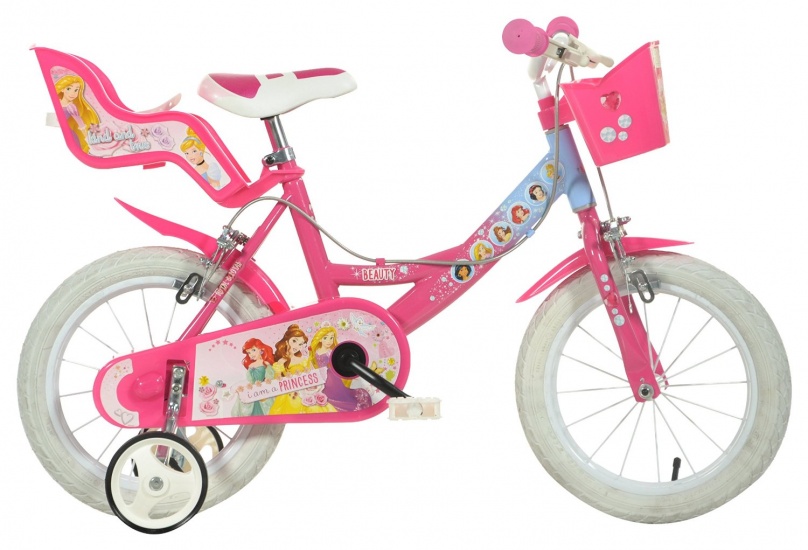 Bicicleta pentru fetite Disney Princess 16 inch, varsta 6-8 ani si inaltimea de 107-138 cm, frana de mana pe ambele roti, cosulet si scaunel pentru papusa, roti ajutatoare