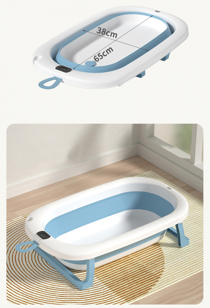 Cadita pliabila pentru bebelusi Bebe Royal Blue 76 cm, cu termometru digital si dop de scurgere
