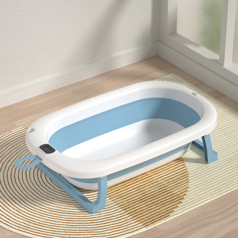 Cadita pliabila pentru bebelusi Bebe Royal Blue 76 cm, cu termometru digital si dop de scurgere - 2 | YEO