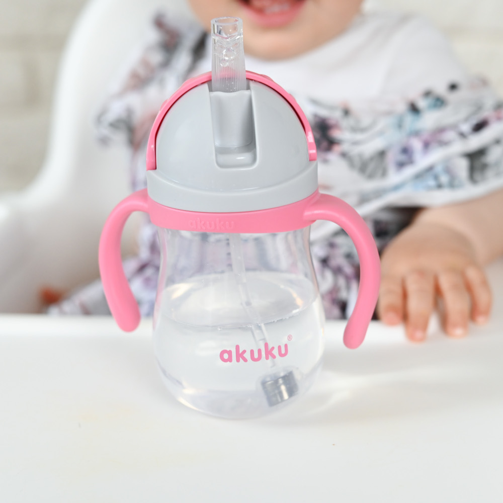 Cana de antrenament Akuku Pink 280ml anti-varsare cu manere si pai cu greutate,capac mobil de protectie - 2 | YEO