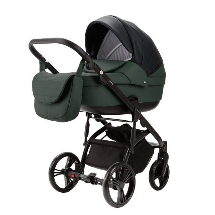 Carucior pentru copii 2 in 1, Adamex Lanti SD41, pliabil, landou cu salteluta, copertina reglabila, roti frontale pivotante 360, cu dubla suspensie si husa de ploaie inclusa, Full EcoLeather, Green  Black - 6