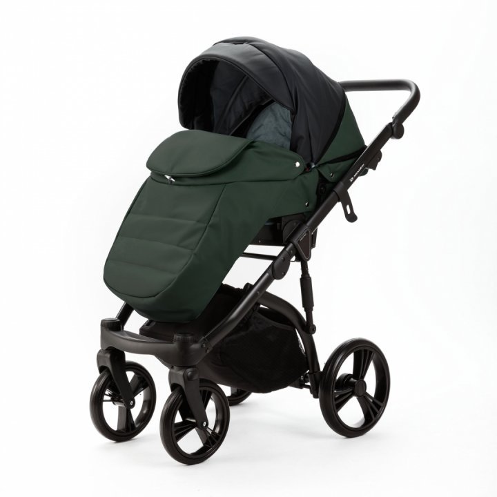 Carucior pentru copii 2 in 1, Adamex Lanti SD41, pliabil, landou cu salteluta, copertina reglabila, roti frontale pivotante 360, cu dubla suspensie si husa de ploaie inclusa, Full EcoLeather, Green  Black