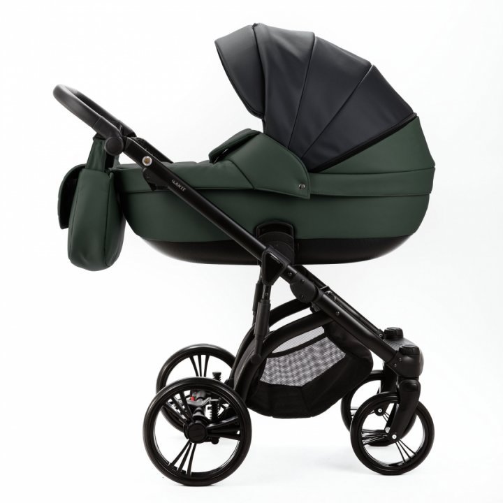 Carucior pentru copii 2 in 1, Adamex Lanti SD41, pliabil, landou cu salteluta, copertina reglabila, roti frontale pivotante 360, cu dubla suspensie si husa de ploaie inclusa, Full EcoLeather, Green  Black - 1