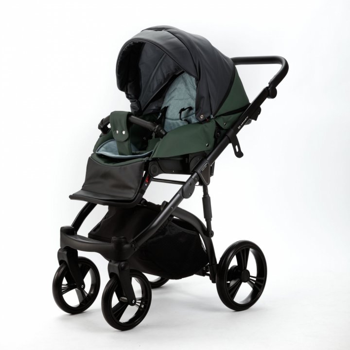Carucior pentru copii 2 in 1, Adamex Lanti SD41, pliabil, landou cu salteluta, copertina reglabila, roti frontale pivotante 360, cu dubla suspensie si husa de ploaie inclusa, Full EcoLeather, Green  Black - 2