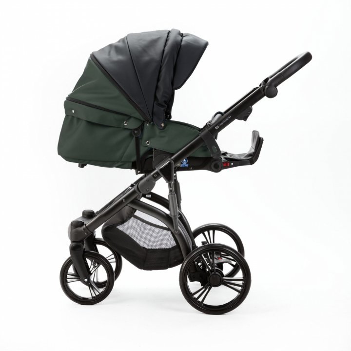 Carucior pentru copii 2 in 1, Adamex Lanti SD41, pliabil, landou cu salteluta, copertina reglabila, roti frontale pivotante 360, cu dubla suspensie si husa de ploaie inclusa, Full EcoLeather, Green  Black - 3