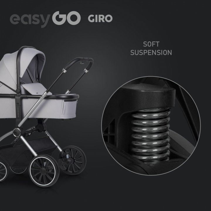 Carucior pentru copii 2 in 1 Easy Go Giro, pana la 22 kg, cu landou 80 cm, Maner telescopic, copertina XXL, pliere tip pendul, cadru ultra-usor din aluminiu, accesorii incluse, Cloud Grey