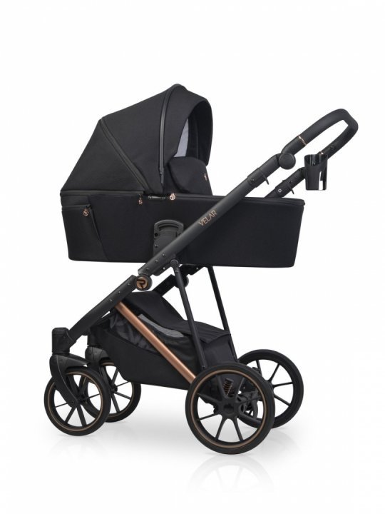 Carucior pentru copii 2 in 1 Riko Velar Magma Premium Line, cu suspensii, maner reglabil pe inaltime, geanta si accesorii incluse, pana la 22 kg, Negru
