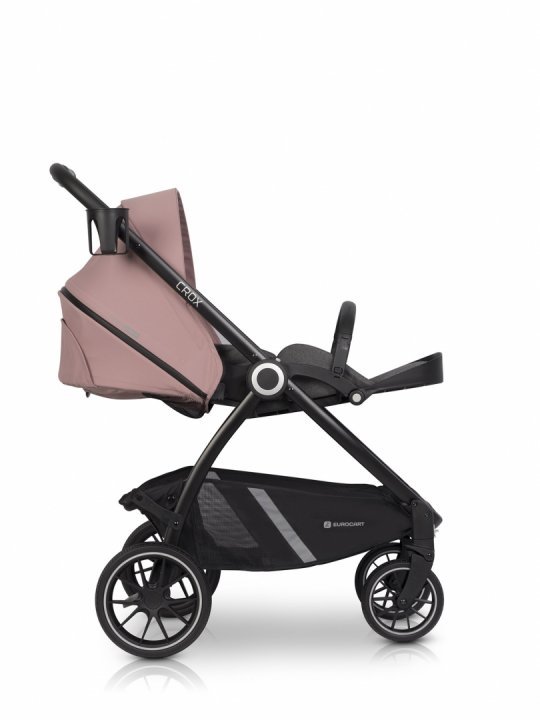 Carucior 2 in 1 pentru copii, Euro-Cart Crox, compus din doua piese distincte, cadrul de aluminiu, Roti mari, Scaun reversibil, capotina si husa de picioruse, cu Geanta si accesorii incluse, pana la 22 kg, Rose